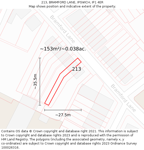 213, BRAMFORD LANE, IPSWICH, IP1 4ER: Plot and title map