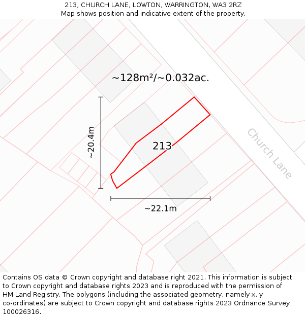 213, CHURCH LANE, LOWTON, WARRINGTON, WA3 2RZ: Plot and title map