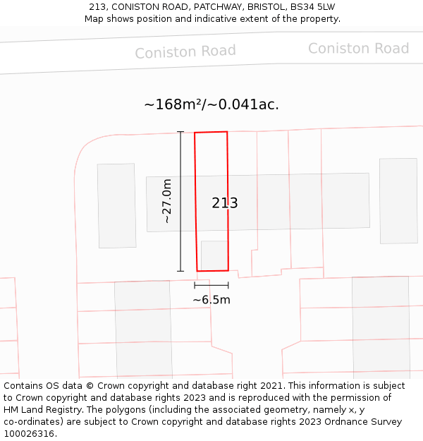 213, CONISTON ROAD, PATCHWAY, BRISTOL, BS34 5LW: Plot and title map