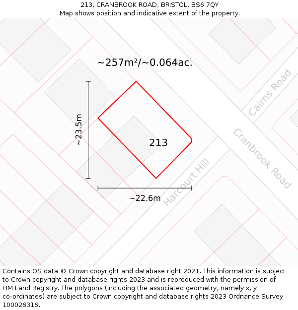 213, CRANBROOK ROAD, BRISTOL, BS6 7QY: Plot and title map