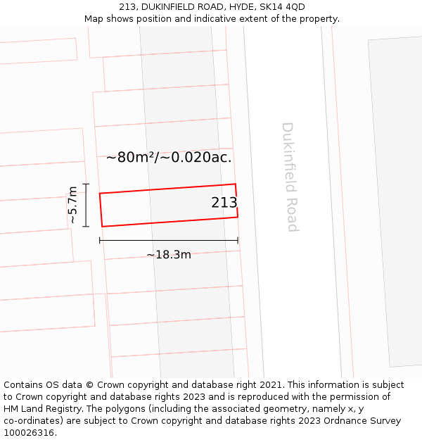 213, DUKINFIELD ROAD, HYDE, SK14 4QD: Plot and title map
