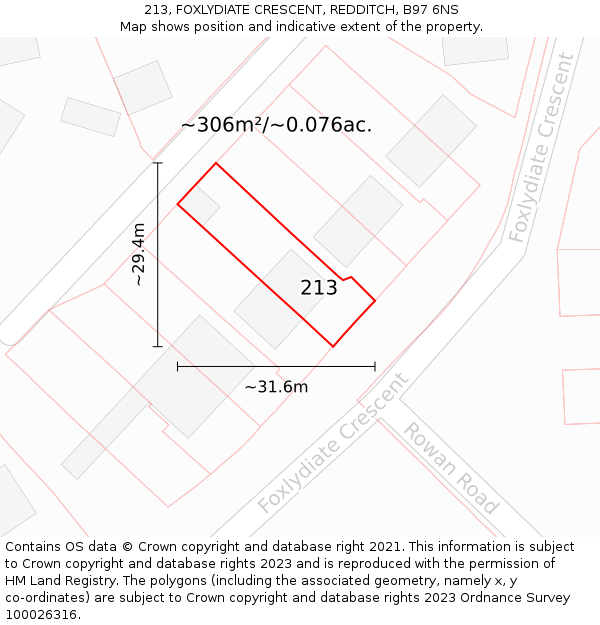 213, FOXLYDIATE CRESCENT, REDDITCH, B97 6NS: Plot and title map