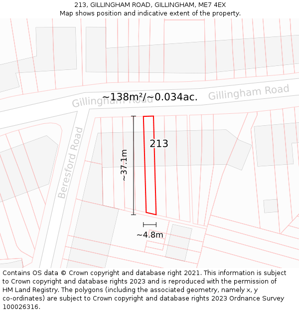 213, GILLINGHAM ROAD, GILLINGHAM, ME7 4EX: Plot and title map