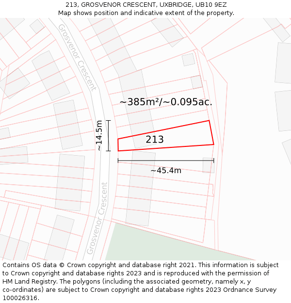 213, GROSVENOR CRESCENT, UXBRIDGE, UB10 9EZ: Plot and title map