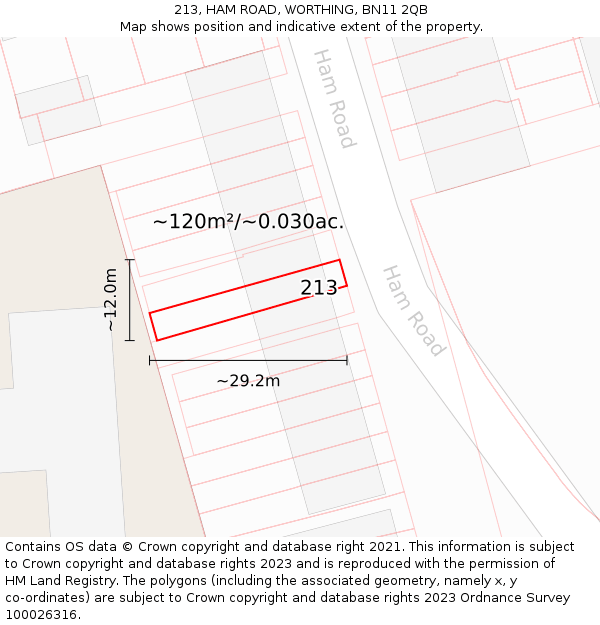 213, HAM ROAD, WORTHING, BN11 2QB: Plot and title map