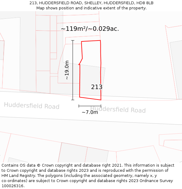 213, HUDDERSFIELD ROAD, SHELLEY, HUDDERSFIELD, HD8 8LB: Plot and title map