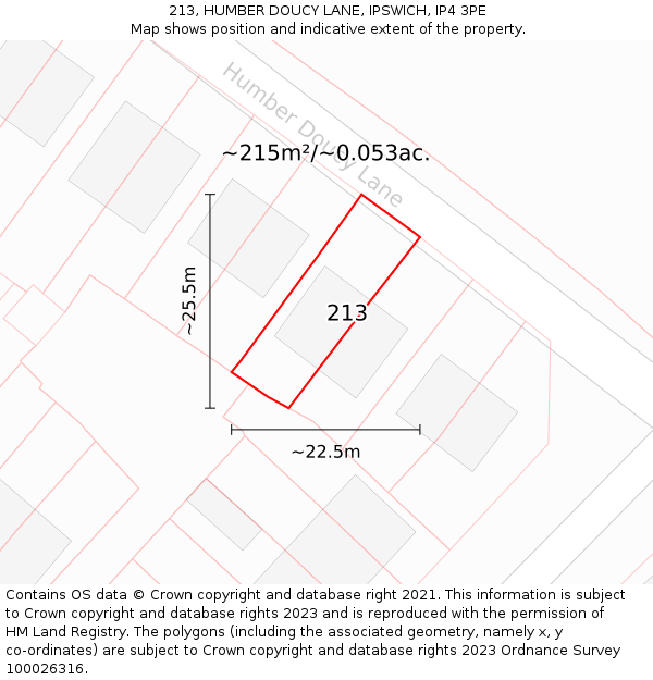 213, HUMBER DOUCY LANE, IPSWICH, IP4 3PE: Plot and title map