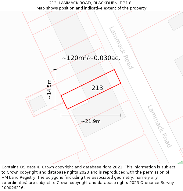 213, LAMMACK ROAD, BLACKBURN, BB1 8LJ: Plot and title map