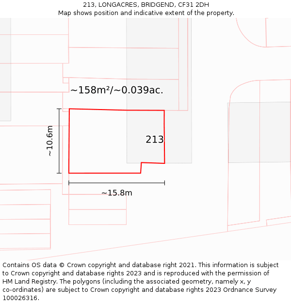 213, LONGACRES, BRIDGEND, CF31 2DH: Plot and title map