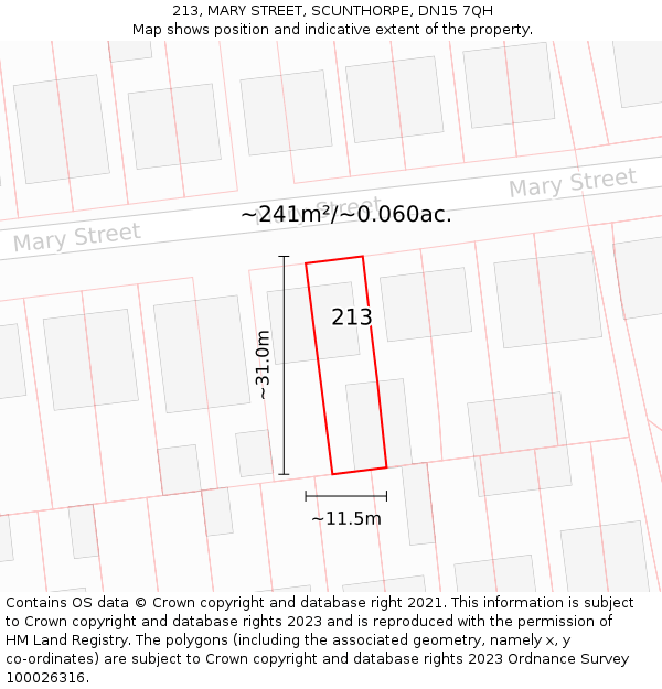 213, MARY STREET, SCUNTHORPE, DN15 7QH: Plot and title map