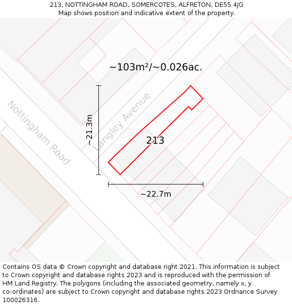 213, NOTTINGHAM ROAD, SOMERCOTES, ALFRETON, DE55 4JG: Plot and title map