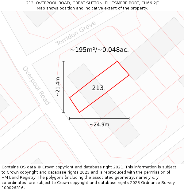 213, OVERPOOL ROAD, GREAT SUTTON, ELLESMERE PORT, CH66 2JF: Plot and title map