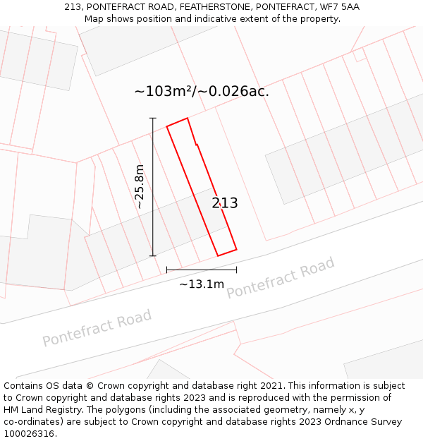 213, PONTEFRACT ROAD, FEATHERSTONE, PONTEFRACT, WF7 5AA: Plot and title map