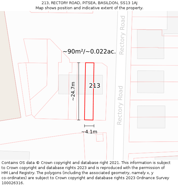213, RECTORY ROAD, PITSEA, BASILDON, SS13 1AJ: Plot and title map
