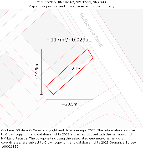 213, RODBOURNE ROAD, SWINDON, SN2 2AA: Plot and title map