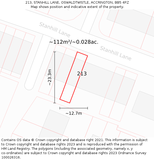 213, STANHILL LANE, OSWALDTWISTLE, ACCRINGTON, BB5 4PZ: Plot and title map