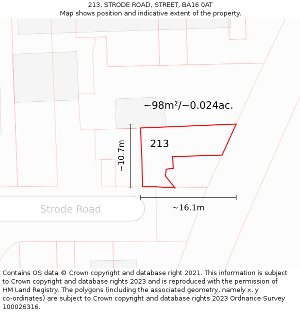 213, STRODE ROAD, STREET, BA16 0AT: Plot and title map
