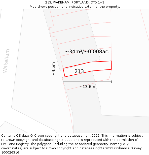 213, WAKEHAM, PORTLAND, DT5 1HS: Plot and title map
