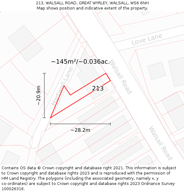 213, WALSALL ROAD, GREAT WYRLEY, WALSALL, WS6 6NH: Plot and title map