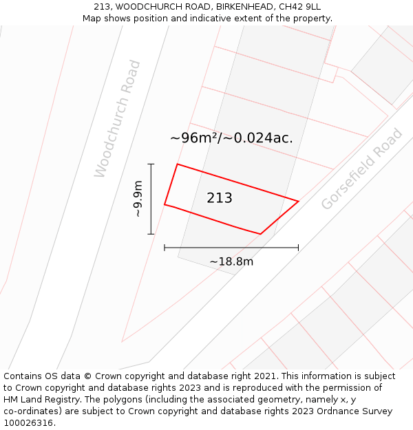 213, WOODCHURCH ROAD, BIRKENHEAD, CH42 9LL: Plot and title map