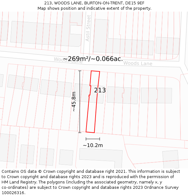 213, WOODS LANE, BURTON-ON-TRENT, DE15 9EF: Plot and title map
