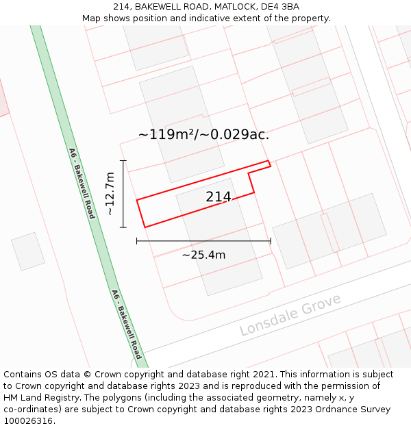 214, BAKEWELL ROAD, MATLOCK, DE4 3BA: Plot and title map