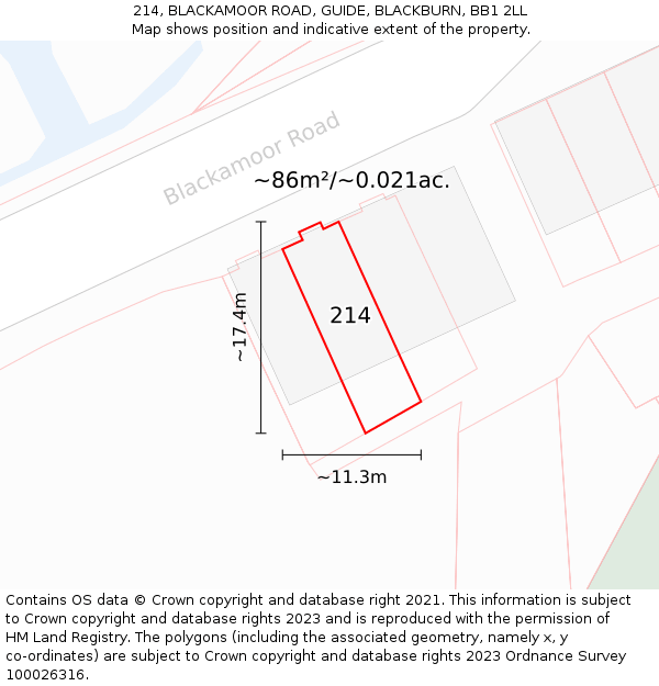 214, BLACKAMOOR ROAD, GUIDE, BLACKBURN, BB1 2LL: Plot and title map