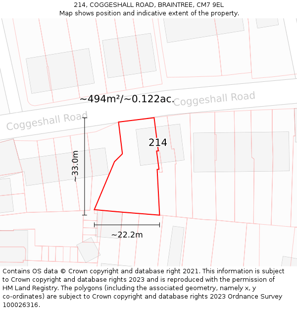 214, COGGESHALL ROAD, BRAINTREE, CM7 9EL: Plot and title map