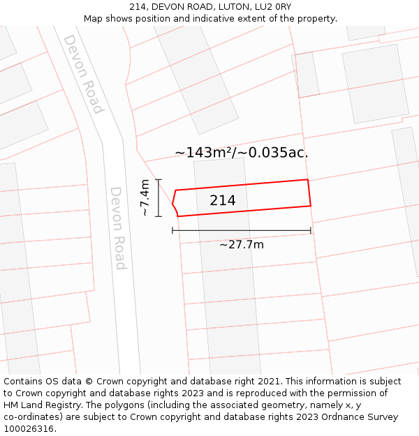 214, DEVON ROAD, LUTON, LU2 0RY: Plot and title map
