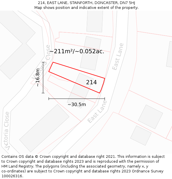 214, EAST LANE, STAINFORTH, DONCASTER, DN7 5HJ: Plot and title map