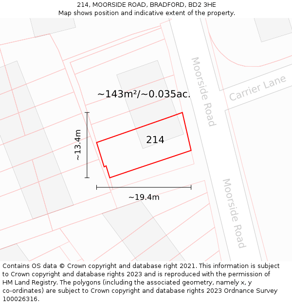 214, MOORSIDE ROAD, BRADFORD, BD2 3HE: Plot and title map