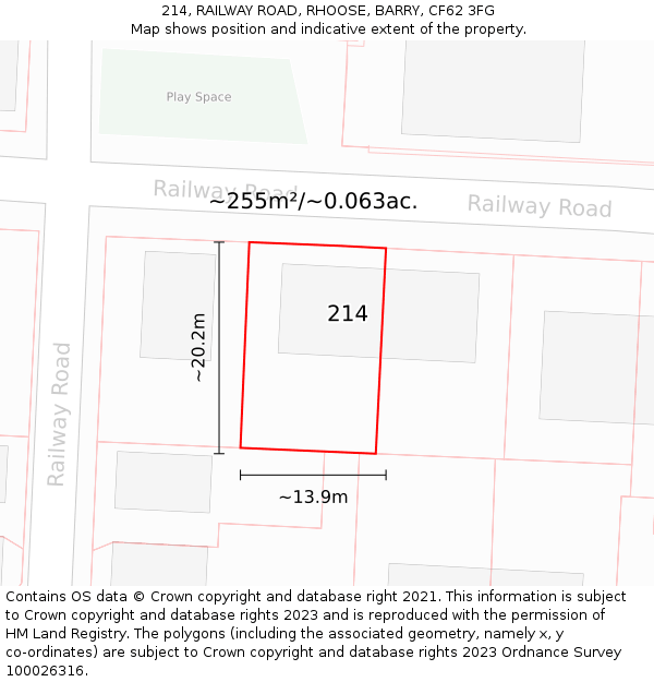 214, RAILWAY ROAD, RHOOSE, BARRY, CF62 3FG: Plot and title map