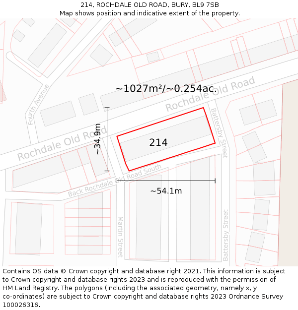 214, ROCHDALE OLD ROAD, BURY, BL9 7SB: Plot and title map