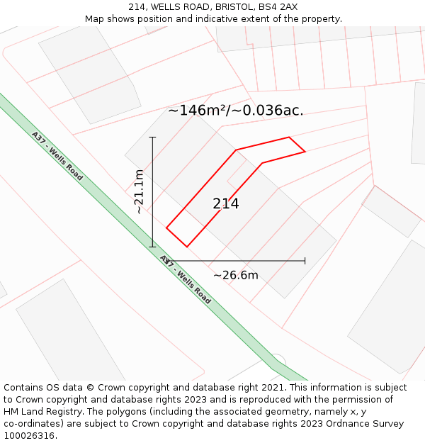 214, WELLS ROAD, BRISTOL, BS4 2AX: Plot and title map