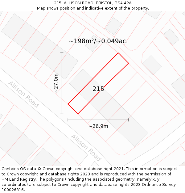 215, ALLISON ROAD, BRISTOL, BS4 4PA: Plot and title map