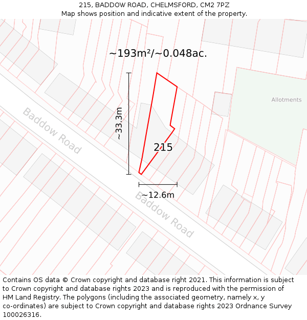215, BADDOW ROAD, CHELMSFORD, CM2 7PZ: Plot and title map