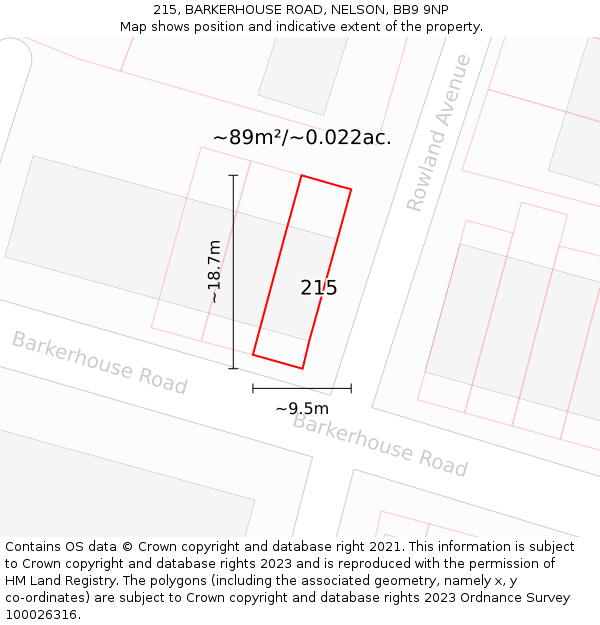 215, BARKERHOUSE ROAD, NELSON, BB9 9NP: Plot and title map