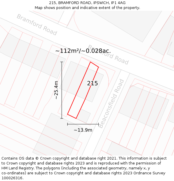 215, BRAMFORD ROAD, IPSWICH, IP1 4AG: Plot and title map