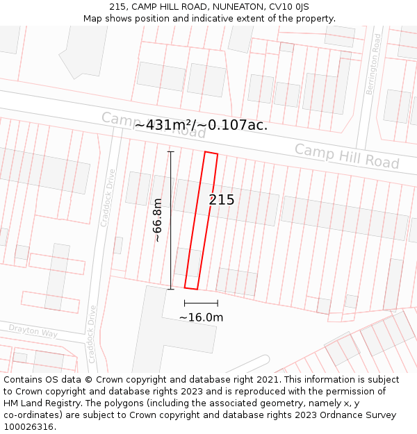 215, CAMP HILL ROAD, NUNEATON, CV10 0JS: Plot and title map