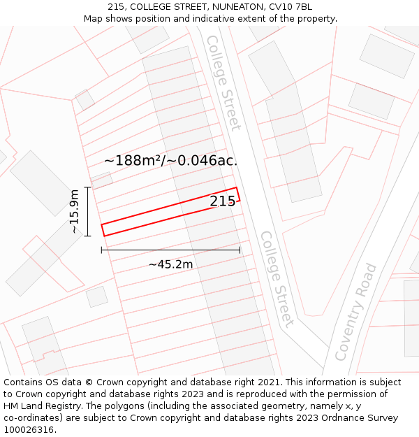 215, COLLEGE STREET, NUNEATON, CV10 7BL: Plot and title map