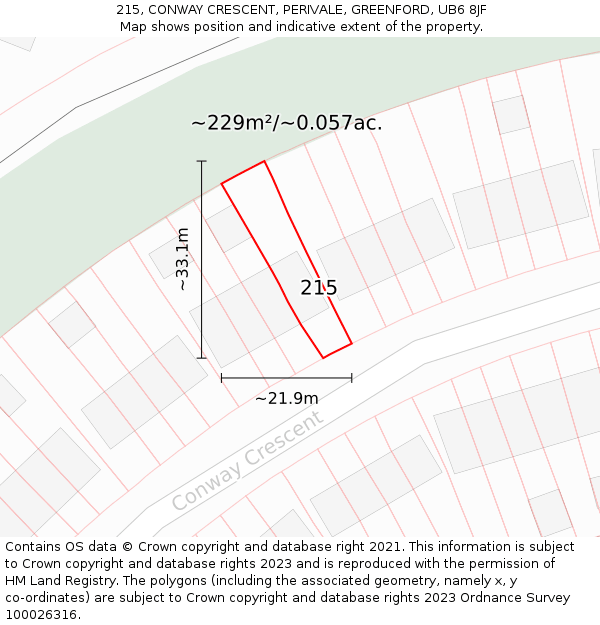 215, CONWAY CRESCENT, PERIVALE, GREENFORD, UB6 8JF: Plot and title map