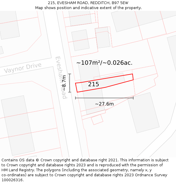 215, EVESHAM ROAD, REDDITCH, B97 5EW: Plot and title map