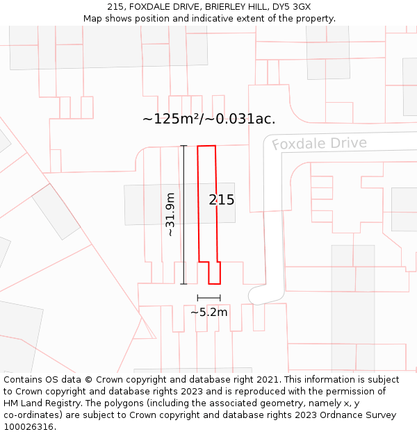 215, FOXDALE DRIVE, BRIERLEY HILL, DY5 3GX: Plot and title map