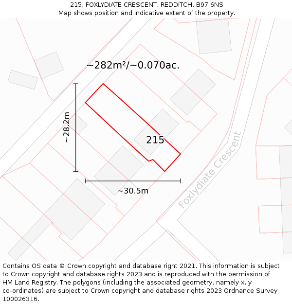 215, FOXLYDIATE CRESCENT, REDDITCH, B97 6NS: Plot and title map