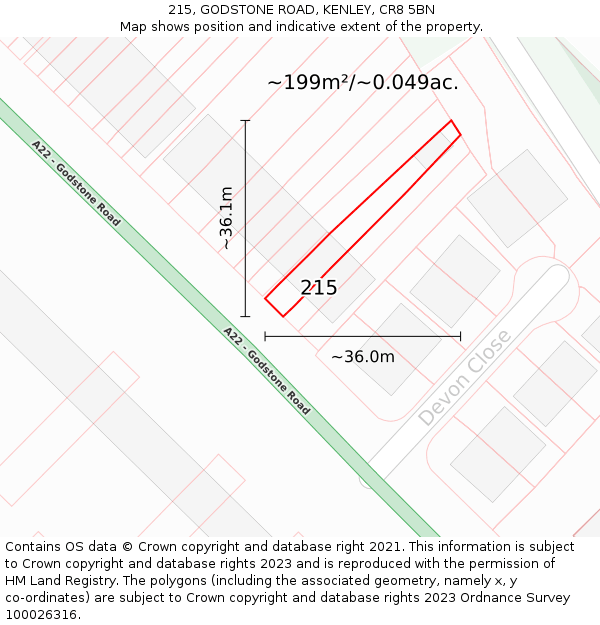 215, GODSTONE ROAD, KENLEY, CR8 5BN: Plot and title map