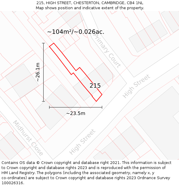 215, HIGH STREET, CHESTERTON, CAMBRIDGE, CB4 1NL: Plot and title map