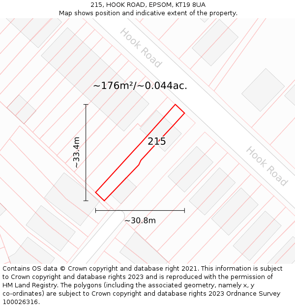 215, HOOK ROAD, EPSOM, KT19 8UA: Plot and title map