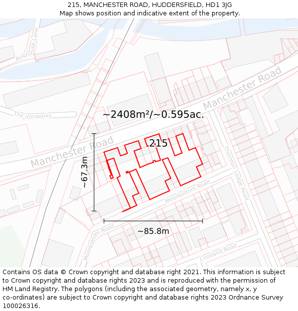 215, MANCHESTER ROAD, HUDDERSFIELD, HD1 3JG: Plot and title map