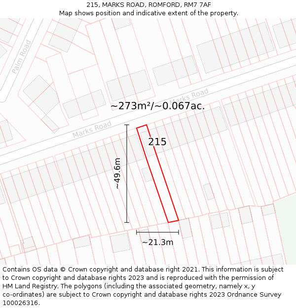 215, MARKS ROAD, ROMFORD, RM7 7AF: Plot and title map