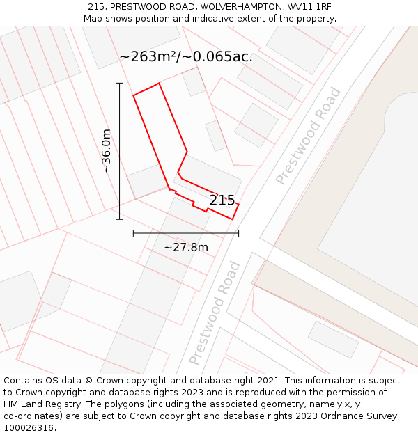 215, PRESTWOOD ROAD, WOLVERHAMPTON, WV11 1RF: Plot and title map